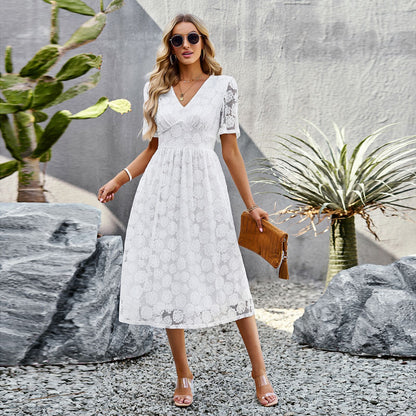 Fashion V-neck Lace Dress Summer Elegant Short Sleeve Long Dresses For Women