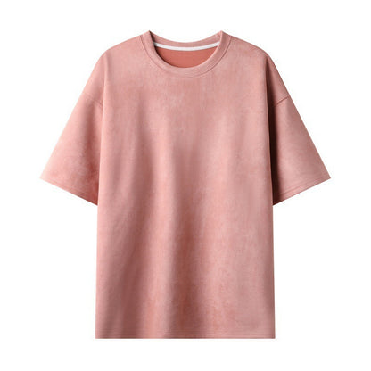 New Men's Second Section Solid Color Light Board Suede Loose Round Neck Pullover Short Sleeve T-shirt