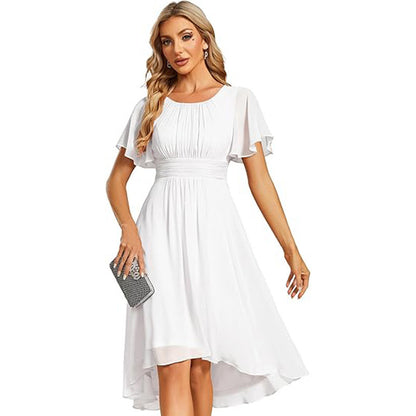 Women Round Neck Pleated Short Sleeve Wedding Elegant Evening Dress