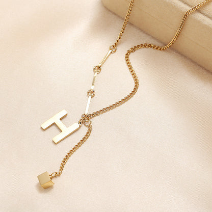 Womens Simple H Shaped Small Square Pendant Necklace