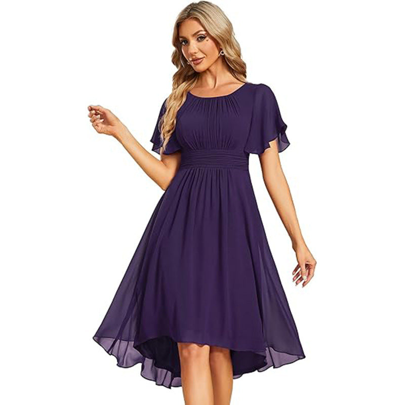 Women Round Neck Pleated Short Sleeve Wedding Elegant Evening Dress